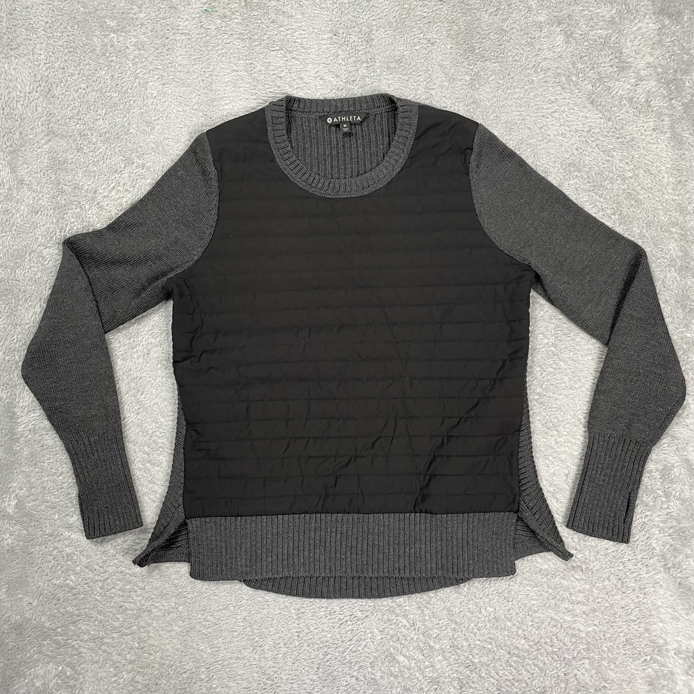 Athleta Sweater Womens M Gray Black Quilted Front Merino Wool Knit Pullover